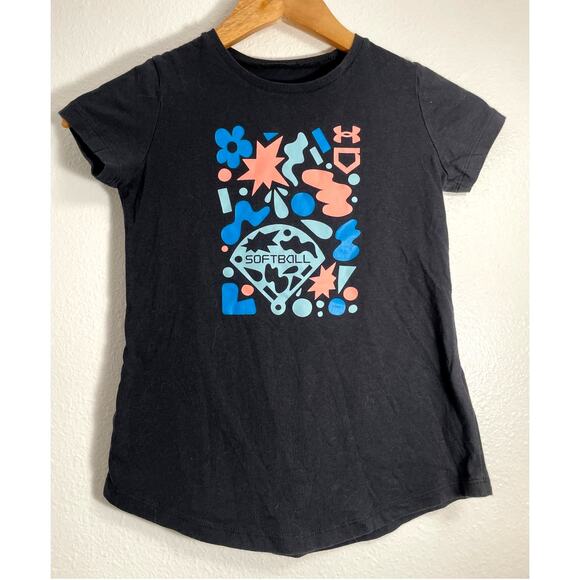 Under Armour Girls' Softball Collage Short Sleeve Tee Shirt Small Black - Picture 2 of 4